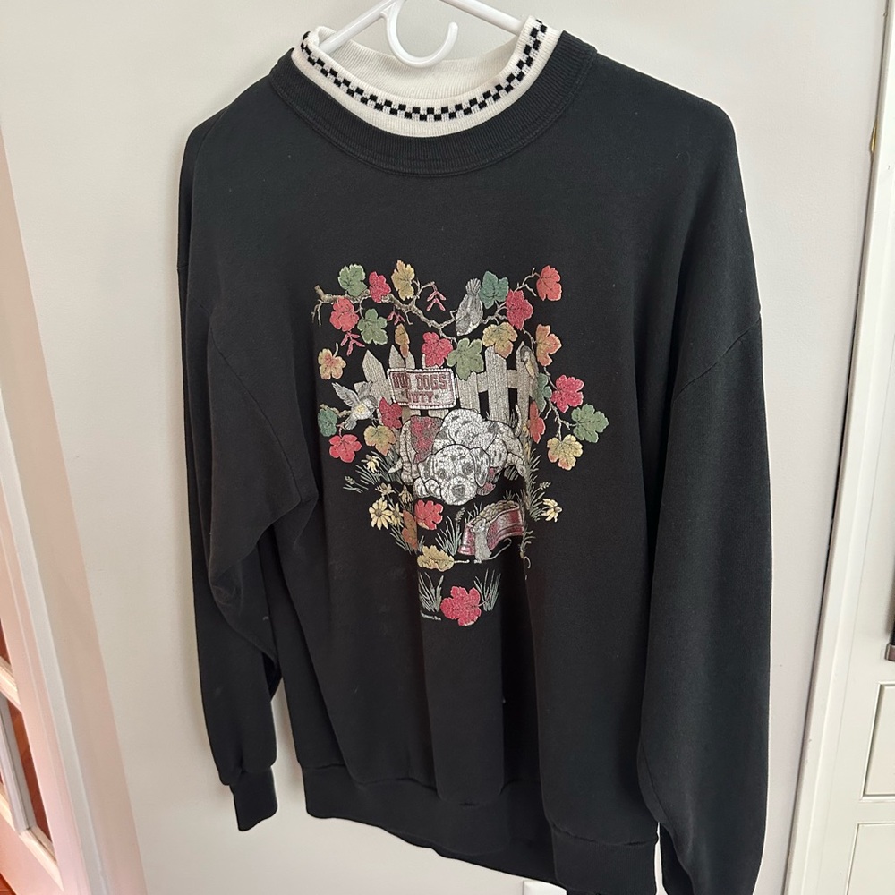 Vintage Floral and Dog Graphic Black Sweater